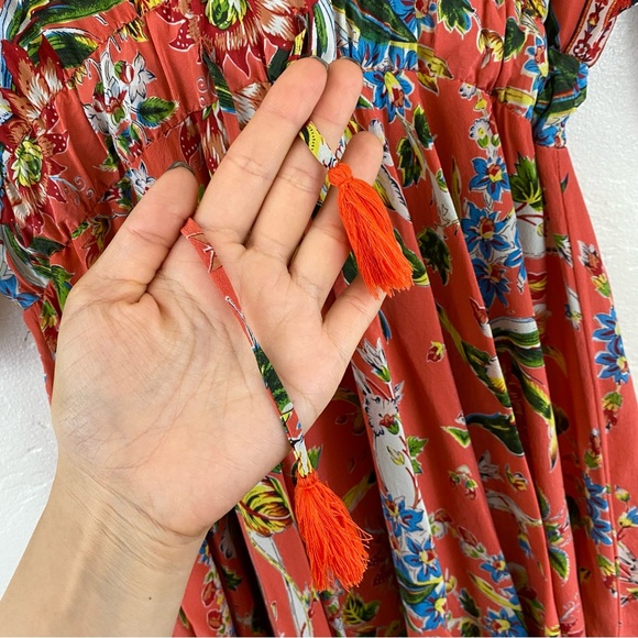 Anthropologie Maeve Size XS Orange Tropical Floral Chiffon  Tassle Midi Dress - Picture 5 of 7